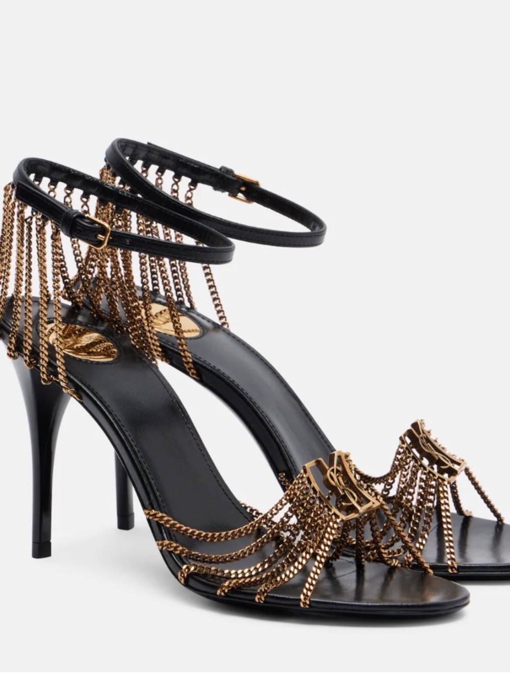 Saint Laurent Babylone 90 Leather Sandals Black Size 38 US 8 Gold Chain Heels